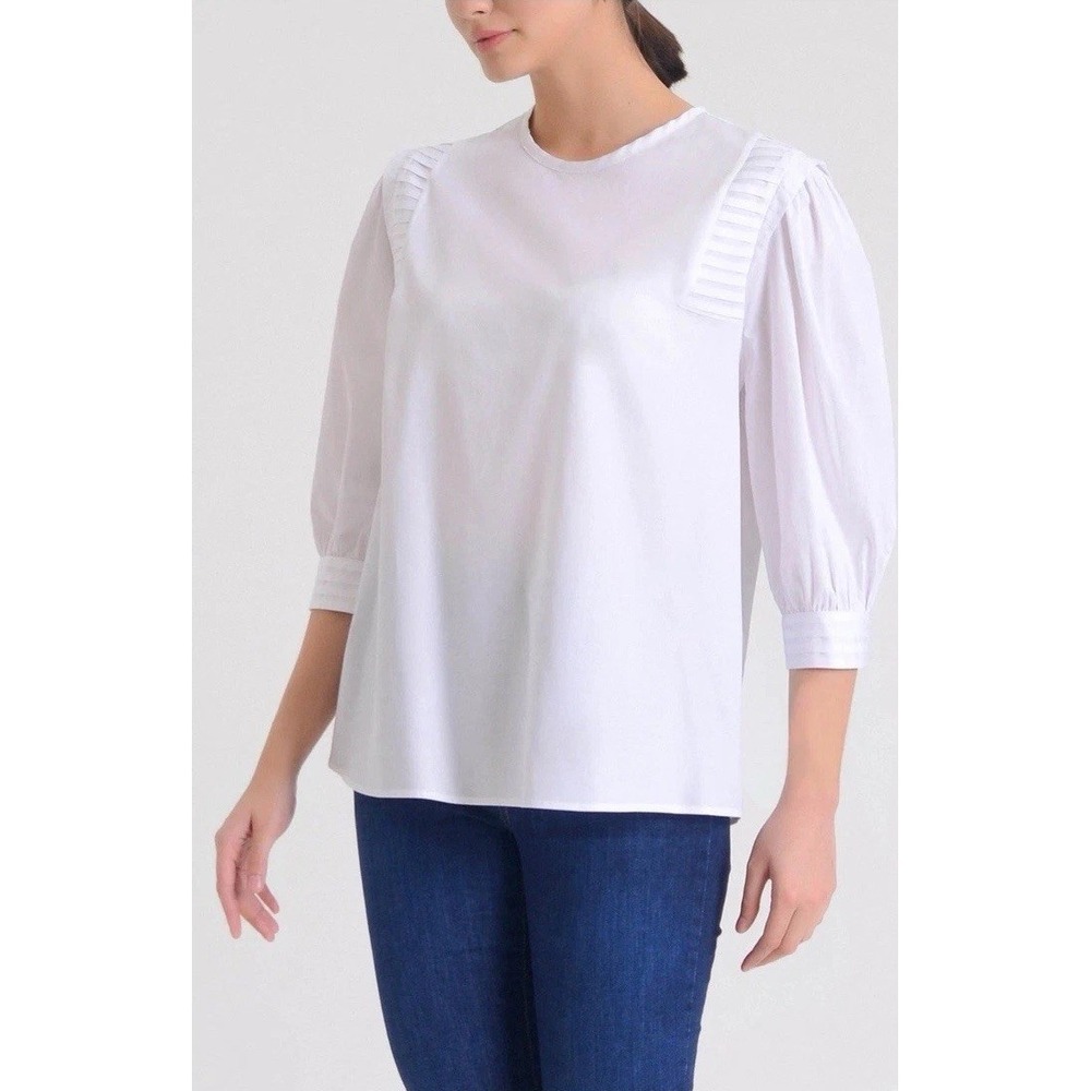 HARSHMAN Sz XS Delaney Pleated Embellished Blouse Top White 3/4 Sleeve MSRP $230